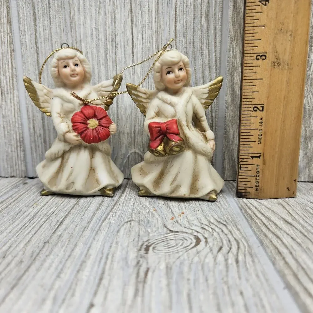 Vintage Homco Angel Christmas Ornaments Set of 2 Figurines Gold Wings Taiwan VTG
